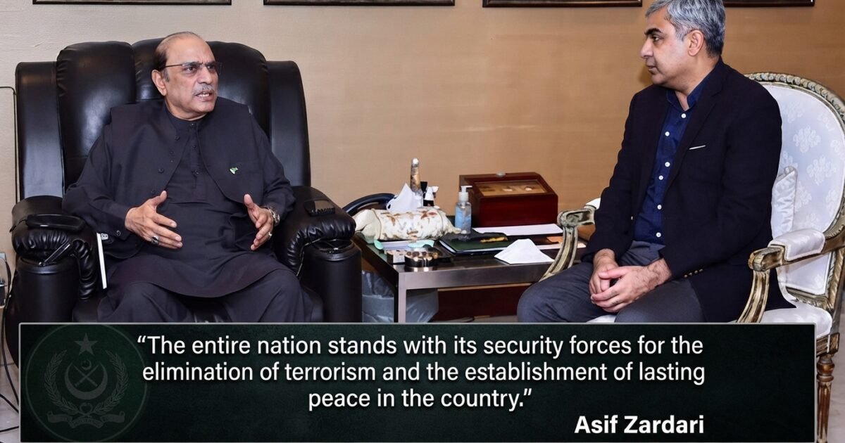دہشت گردی کے خاتمے اور ملک میں پائیدار امن کے قیام کیلئے پوری قوم اپنی سکیورٹی فورسز کے ساتھ کھڑی ہے،آصف زرداری