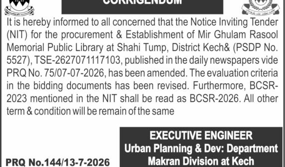 EXECUTIVE ENGINEER Urban Planning & Dev: Department Makran Division at Kech