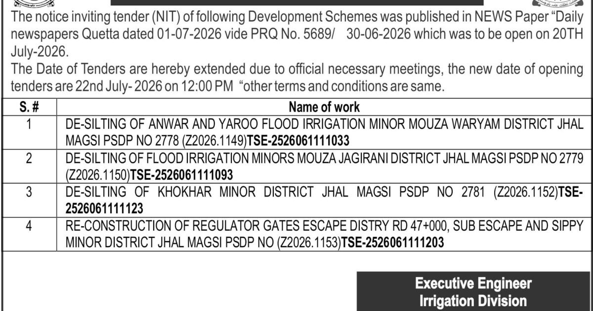 Executive Engineer Irrigation Division Jhal Magsi